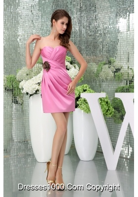 Sweetheart Pink Ruched Prom Dress Mini-length with Handmade Flower