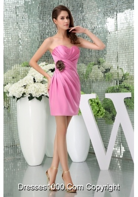 Sweetheart Pink Ruched Prom Dress Mini-length with Handmade Flower