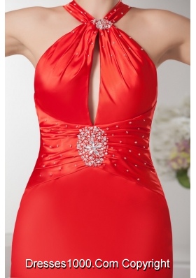 Taffeta Mini-length Red Ruched Beaded Prom Dress with Cutouts