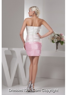 Taffeta White and Baby Pink Ruched Prom Dress with Handmade Flower