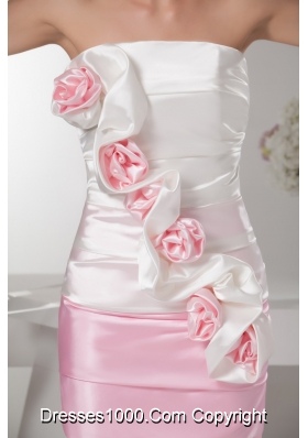 Taffeta White and Baby Pink Ruched Prom Dress with Handmade Flower