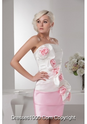 Taffeta White and Baby Pink Ruched Prom Dress with Handmade Flower