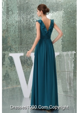 Teal Floor-length V-neck Column Prom Dress with Sash