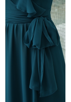 Teal Floor-length V-neck Column Prom Dress with Sash