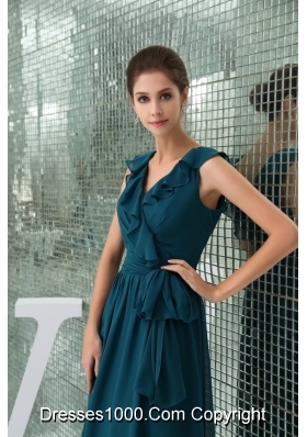 Teal Floor-length V-neck Column Prom Dress with Sash