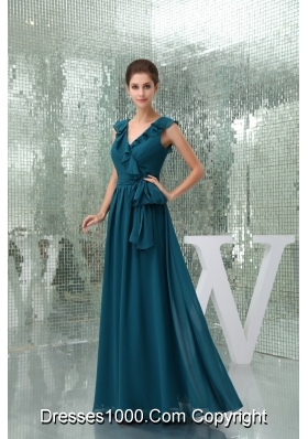 Teal Floor-length V-neck Column Prom Dress with Sash