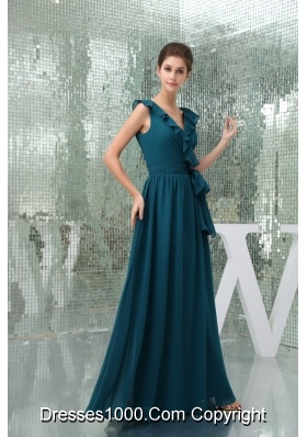 Teal Floor-length V-neck Column Prom Dress with Sash