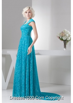 Teal Square Brush Train prom Dress with Cap Sleeves 2013