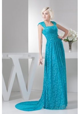 Teal Square Brush Train prom Dress with Cap Sleeves 2013