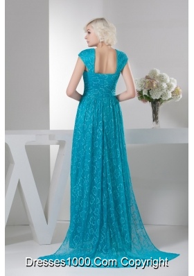 Teal Square Brush Train prom Dress with Cap Sleeves 2013