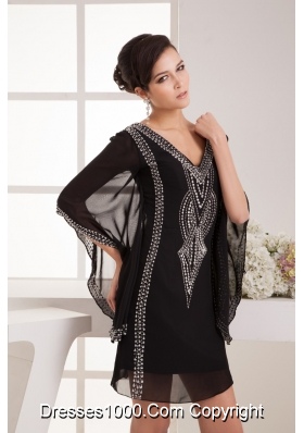 V-neck Mini Beaded Black Column Prom Dress with Fan Sleeves