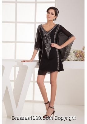 V-neck Mini Beaded Black Column Prom Dress with Fan Sleeves