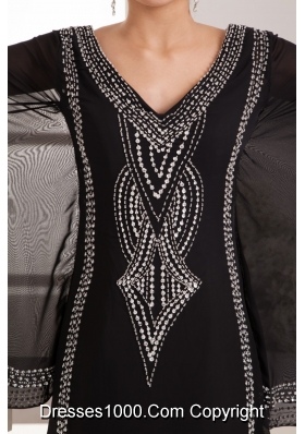 V-neck Mini Beaded Black Column Prom Dress with Fan Sleeves