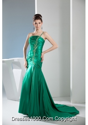 2014 Green One Shoulder Column Ruching Prom Gowns for Party