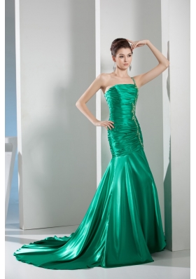 2014 Green One Shoulder Column Ruching Prom Gowns for Party