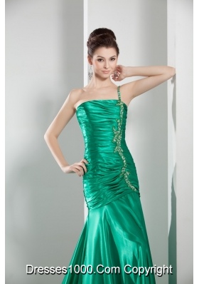 2014 Green One Shoulder Column Ruching Prom Gowns for Party