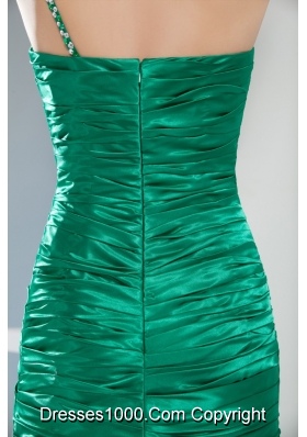 2014 Green One Shoulder Column Ruching Prom Gowns for Party