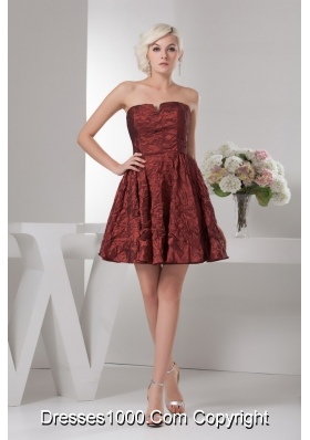 A-line Burgundy Mini-length Prom Dress Special Fabric Slot Neckline