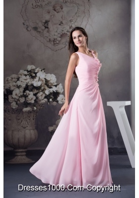 Asymmetrical Floor-length Pink Prom Gown with Beading and Handmade Flower