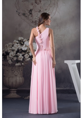 Asymmetrical Floor-length Pink Prom Gown with Beading and Handmade Flower