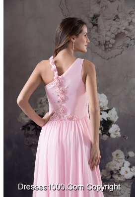 Asymmetrical Floor-length Pink Prom Gown with Beading and Handmade Flower