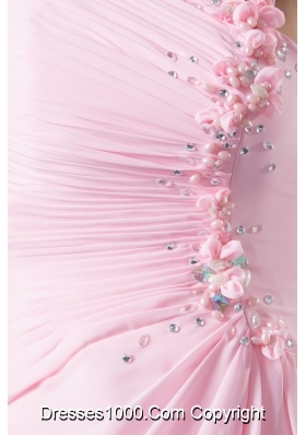 Asymmetrical Floor-length Pink Prom Gown with Beading and Handmade Flower