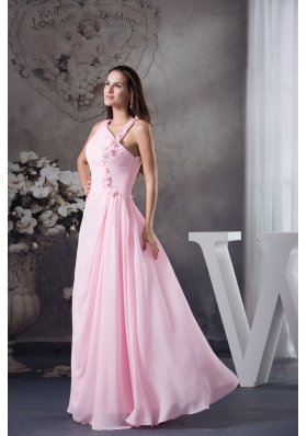 Asymmetrical Floor-length Pink Prom Gown with Beading and Handmade Flower