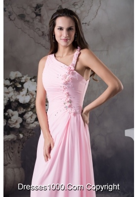 Asymmetrical Floor-length Pink Prom Gown with Beading and Handmade Flower