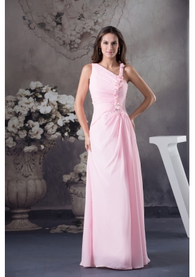 Asymmetrical Floor-length Pink Prom Gown with Beading and Handmade Flower