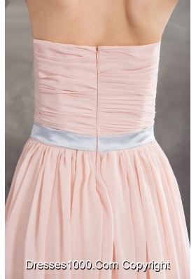 Baby Pink Empire V-neck Floor-length Prom Dress with Silver Sash