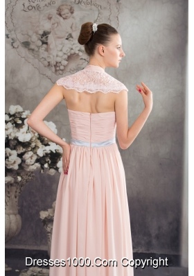 Baby Pink Empire V-neck Floor-length Prom Dress with Silver Sash