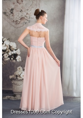 Baby Pink Empire V-neck Floor-length Prom Dress with Silver Sash