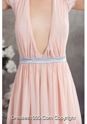 Baby Pink Empire V-neck Floor-length Prom Dress with Silver Sash