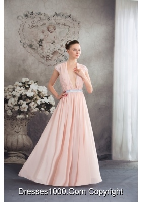 Baby Pink Empire V-neck Floor-length Prom Dress with Silver Sash