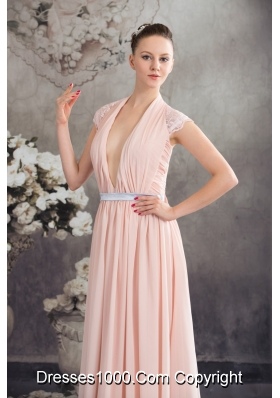 Baby Pink Empire V-neck Floor-length Prom Dress with Silver Sash