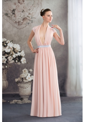 Baby Pink Empire V-neck Floor-length Prom Dress with Silver Sash