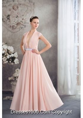Baby Pink Empire V-neck Floor-length Prom Dress with Silver Sash