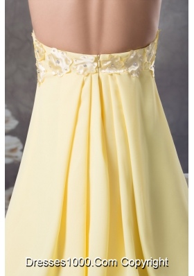 Beaded Appliques Accent Light Yellow Prom Cocktail Dress Halter