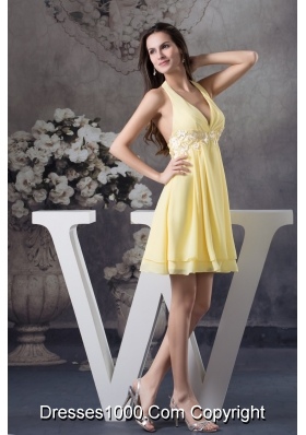 Beaded Appliques Accent Light Yellow Prom Cocktail Dress Halter