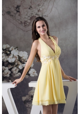 Beaded Appliques Accent Light Yellow Prom Cocktail Dress Halter