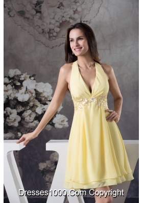 Beaded Appliques Accent Light Yellow Prom Cocktail Dress Halter