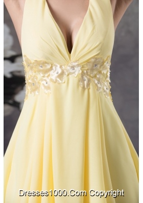 Beaded Appliques Accent Light Yellow Prom Cocktail Dress Halter