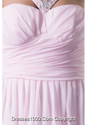 Beaded V-neck Ruched Pink Prom Holiday Dress with Side Zipper