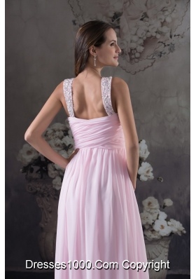 Beaded V-neck Ruched Pink Prom Holiday Dress with Side Zipper