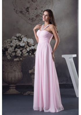 Beaded V-neck Ruched Pink Prom Holiday Dress with Side Zipper