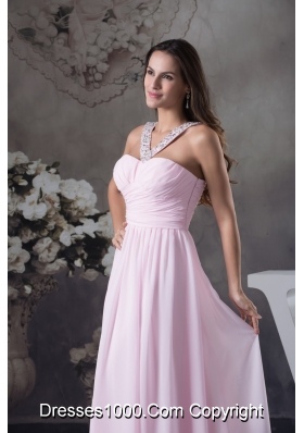 Beaded V-neck Ruched Pink Prom Holiday Dress with Side Zipper