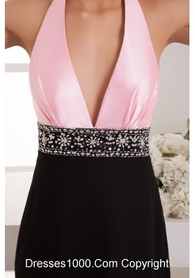 Brush Train Halter Top Pink and Black Prom Dress with the Back Out