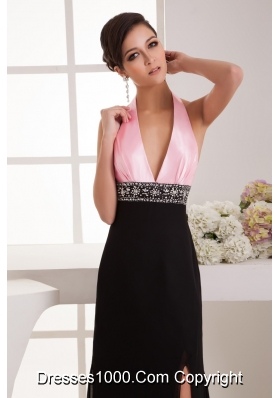 Brush Train Halter Top Pink and Black Prom Dress with the Back Out