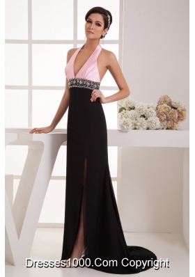 Brush Train Halter Top Pink and Black Prom Dress with the Back Out