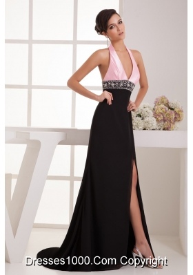 Brush Train Halter Top Pink and Black Prom Dress with the Back Out